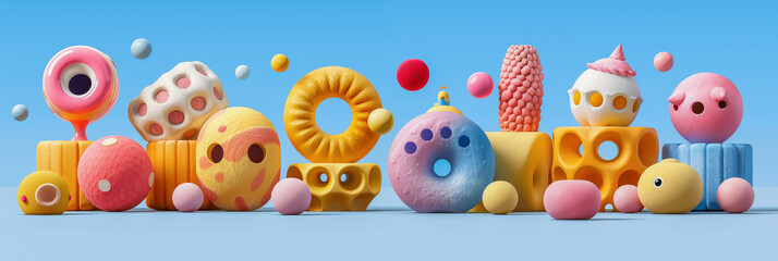 Naklejka premium Colorful abstract foam shapes create a playful scene against a bright blue background