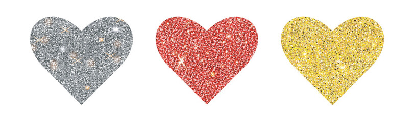 Set of vector beautiful glitter bright hearts isolated on white background. 
Hearts for design for Valentine's day