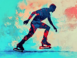 Naklejka premium Dynamic Ice Skater Urban Ice Rink Digital Art Vibrant Environment Side View Fauvist Chromatics