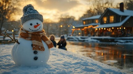 Obraz premium Cheerful snowman with friends in winter lakeside scene