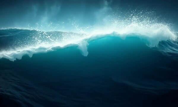 Ocean wave crashing at night, dark blue sea, background sparkles