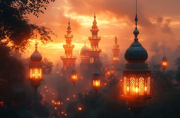 Illuminated Lanterns and Towers in a Mystical Cityscape at Dusk

