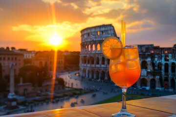 Un bicchiere di cocktail Spritz, decorato con una fetta d'arancia e una cannuccia, appoggiato su un tavolo sulla terrazza. Sullo sfondo, il Colosseo al tramonto