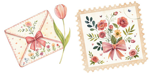 Floral Envelope and Stamp Design Illustration