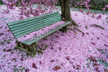 Springtime Park Bench A wooden park bench under a flowering tree, surrounded by fallen petals.
