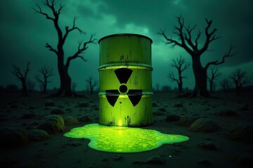 A bright green radioactive waste barrel is leaking, with glowing liquid pooling around it. The background is a barren landscape with twisted trees and dark clouds overhead