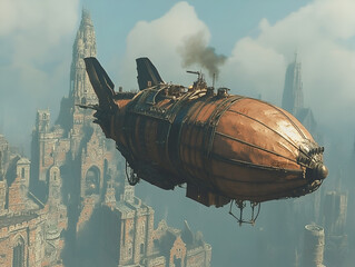 Steampunk Airship Soaring: A majestic steampunk airship with intricate gears and brass accents soars majestically through a misty sky, revealing a backdrop of a fantastical, industrialized city.