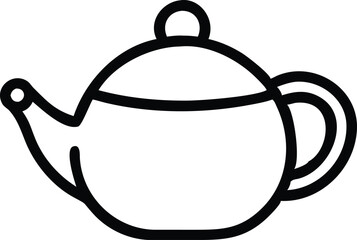 Simple line drawing, teapot outline, black and white illustration, minimalist design, rounded shape, curved spout, circular handle, smooth contours, single continuous line, clean graphic style, iconic