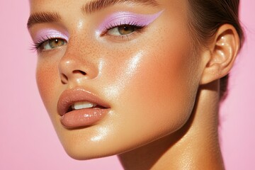 soft lavender winged eyeliner with glowing skin and natural glossy lips for subtle yet bold look