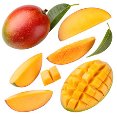 Fototapeta premium Fresh mango slices and a whole mango with green leaves displayed artistically on a white background