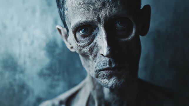 Portrait of gaunt man with intense eyes in dark setting