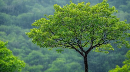 Fototapeta premium Rain-soaked tree on hillside, lush forest background, nature scene