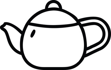 Simple line drawing, teapot outline, black and white illustration, minimalist design, rounded shape, curved spout, circular handle, smooth contours, single continuous line, clean graphic style, iconic
