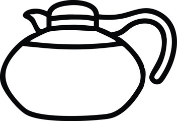 Simple line drawing, teapot outline, black and white illustration, minimalist design, rounded shape, curved spout, circular handle, smooth contours, single continuous line, clean graphic style, iconic