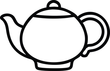 Simple line drawing, teapot outline, black and white illustration, minimalist design, rounded shape, curved spout, circular handle, smooth contours, single continuous line, clean graphic style, iconic