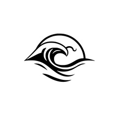 Ocean Wave with Sun Abstract Minimalist Design.  A stylized black and white illustration of a powerful wave and a sun, perfect for branding, logos, or prints.