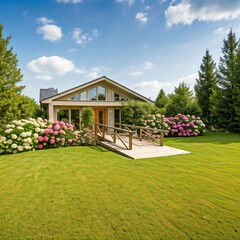 A modern country house with a flat roof, large glass windows and beige walls. It is surrounded by a lush green garden, flowering bushes and has a wooden ramp that is convenient for wheelchairs.