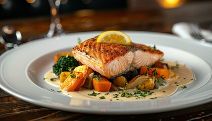 Un filetto di salmone alla griglia su un letto di verdure arrostite, guarnito con uno spicchio di limone e una salsa cremosa