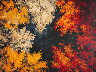 Fototapeta premium Autumn Canopy: A breathtaking, bird's-eye view of an autumn forest, showcasing a vibrant tapestry of fiery red, golden yellow, and warm beige leaves against a deep blue sky.