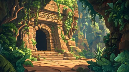 Ancient temple entrance, moss-covered stone structure surrounded by lush greenery and sunlight streaming through trees, adventure backdrop.