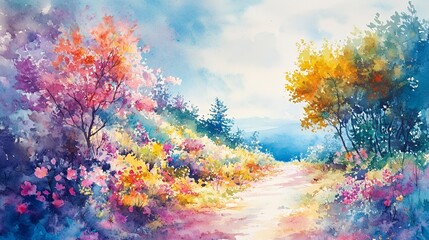 Watercolor path through colorful hills, trees, and flowers