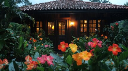 Serene Tropical Cottage nestled among vibrant flowers at Dusk