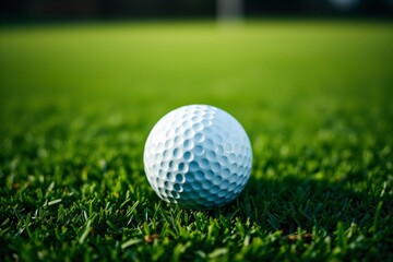 Obraz premium Golf ball resting on lush green grass, showcasing its dimples and smooth surface in sunlight.