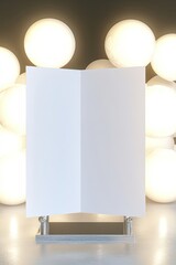 mockup blank white 3d tri-fold brochure placed open on sleek chrome stand surrounded by diffused lighting