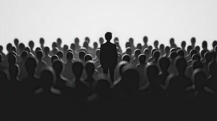 Obraz premium Colorful silhouette pf person standing in monochrome crowd of different people,surreal unique and different concept,loneliness in society,shadow,freedom,Love,be yourself,Stand out from the crowd.