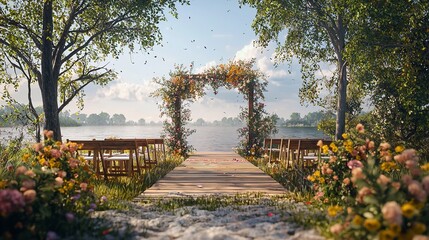 Fototapeta premium Wedding by the river, beach wedding venue, wooden setup