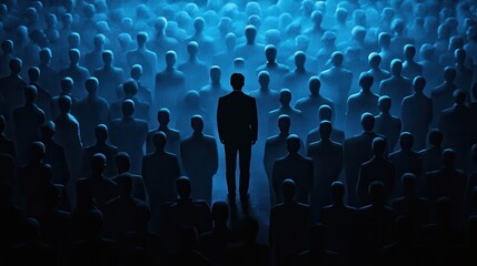 Obraz premium Colorful silhouette pf person standing in monochrome crowd of different people,surreal unique and different concept,loneliness in society,shadow,freedom,Love,be yourself,Stand out from the crowd.