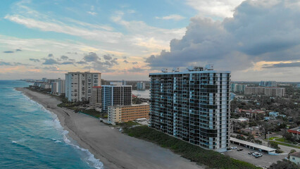 Aerial view of Boca Raton skyline on a cloudy sunset, Florida - USA