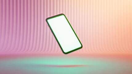 mockup blank white 3d smartphone floating diagonally with glowing green screen in futuristic setting