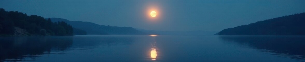 Shimmering half-moon illuminating a tranquil lake, soft morning light, calm waters, serene landscape