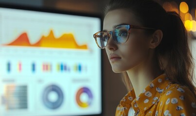 Female Data Analyst Uncovering Patterns with Data Mining Techniques on Digital Display, Evening Focused Work, Insights Discovery, Trend Analysis in Modern Office Setting, 