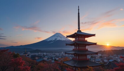 Sunrise Pagoda, Fuji Mountain, Autumn, Japan