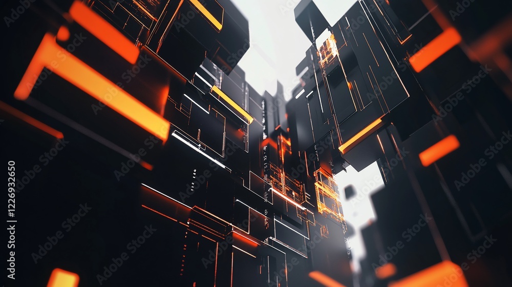 Poster abstract structure of illuminated cubes and geometric lines in black and orange tones