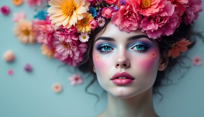 Naklejka premium The art piece features a woman with vibrant flower 