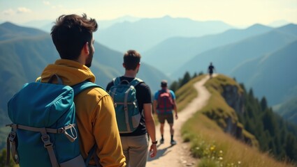Obraz premium Men are hiking up mountain trail with backpacks