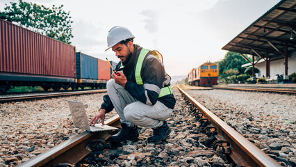 Engineer wearing safety uniform sitting on railway inspection. construction worker on railways. Engineer work on Railway. Rail, engineer, Infrastructure.
