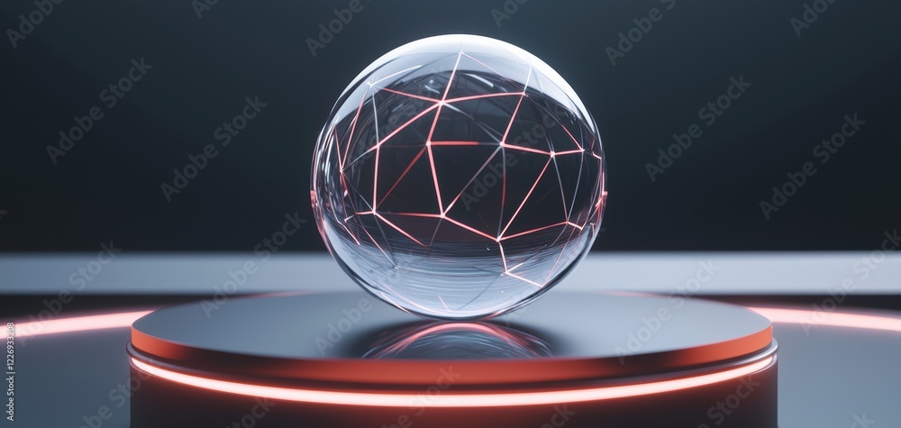 Poster a futuristic 3d scene of a transparent sphere filled with glowing geometric patterns, hovering above