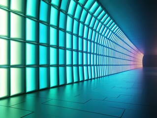 Obraz premium A futuristic 3D tunnel glowing with neon blue and green lights, with radiant translucent panels lining its walls in an abstract pathway