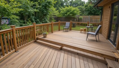Obraz premium Backyard wooden deck seating area, garden view, home exterior, relaxation
