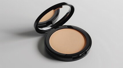 A compact powder case opened to reveal a smooth, beige surface on white.