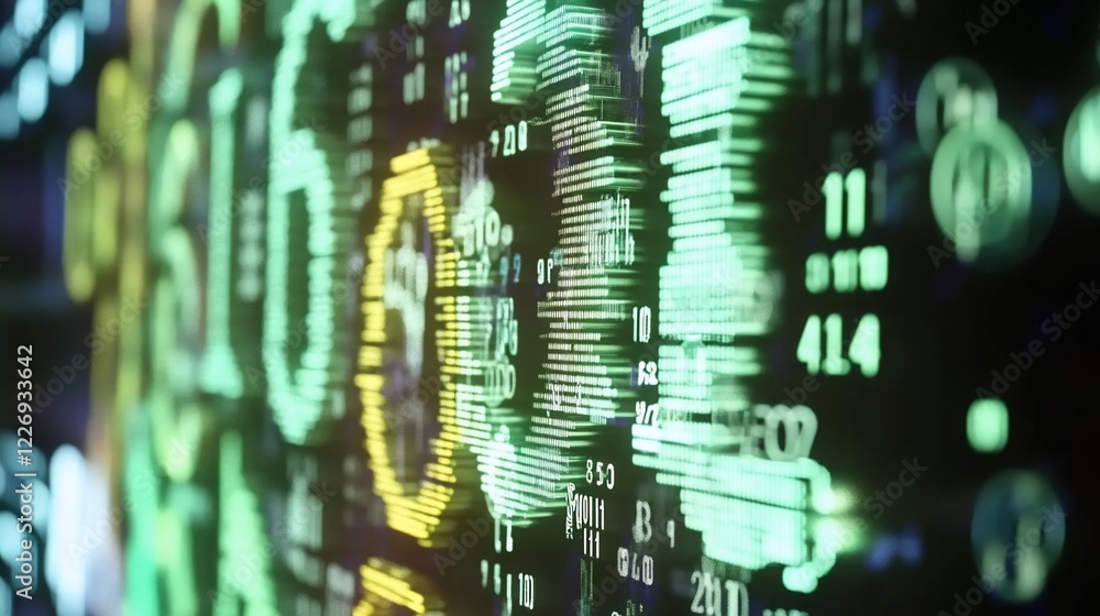Poster abstract green digital data stream with numbers and symbols on dark background