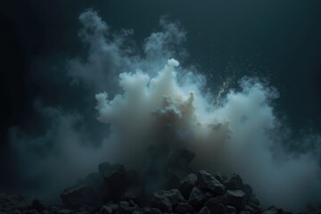 Fototapeta premium A close-up of nuclear ash swirling in the wind, with delicate particles suspended in the air, creating a ghostly appearance against a dark, foreboding backdrop