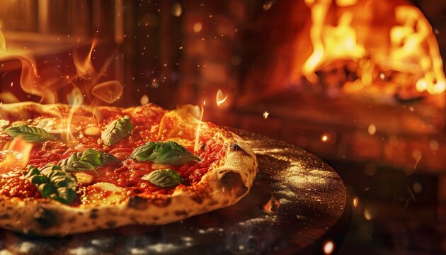 Una pizza napoletana cotta nel forno a legna, con il bordo alto e morbido, un cuore ricco di salsa di pomodoro, mozzarella di bufala e basilico. Sullo sfondo, il forno a mattoni con le fiamme a vista