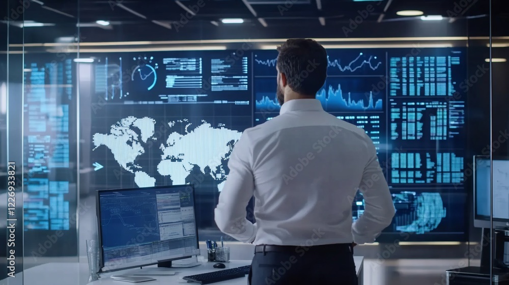 Poster a man in a white shirt observes large monitors displaying data and global maps in a modern office se