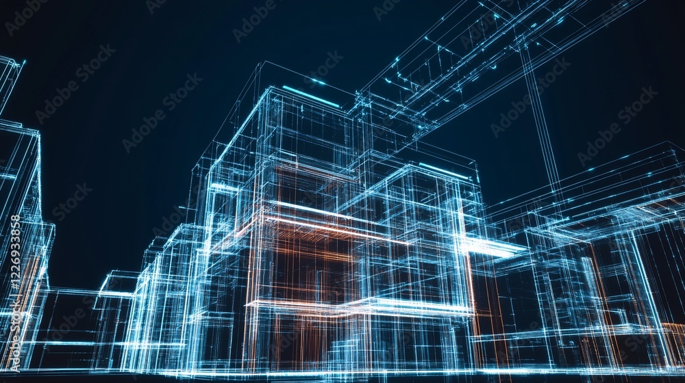 Poster abstract blueprint of a futuristic building rendered with glowing blue lines on a dark background