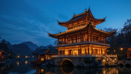 Naklejka premium Asian Pagoda at Dusk on a Lake, Illuminated, Mountains in Background. Possible use Travel, Tourism, Wallpaper